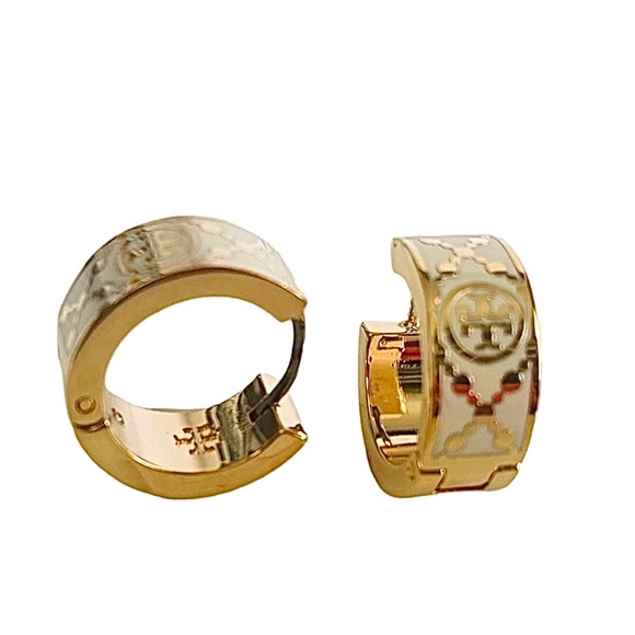 Auth Tory Burch Gold & Ivory Monogram T Huggie Earring Rtl $200 - Picture 4 of 5